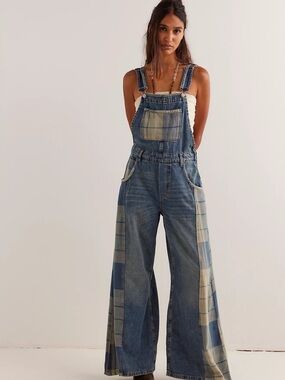 We The Free Plaid-Panel Wide Leg Denim Overalls Size Small - Blue/Cream